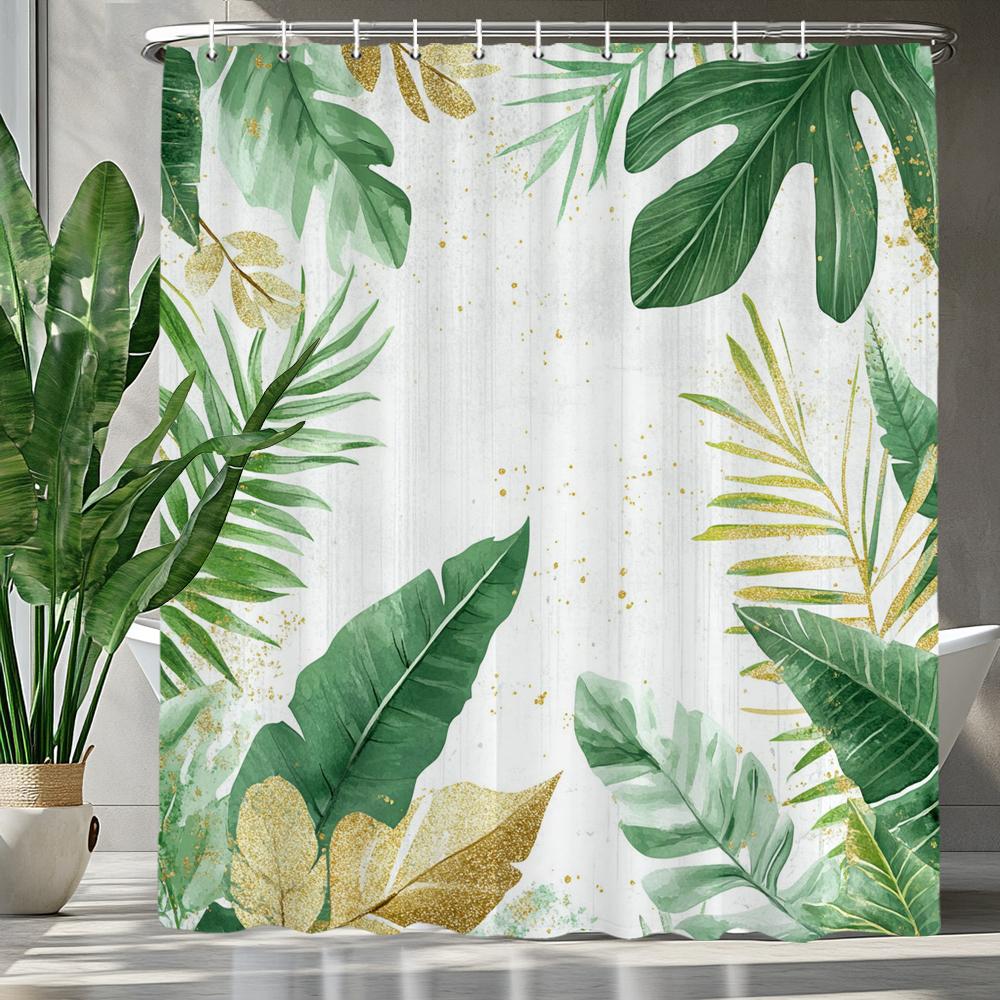 Green Leaves Monstera Plants Printed Shower Curtain Bathroom Curtain,Hanging Curtain With 12 Hooks Decoration Machine Washable