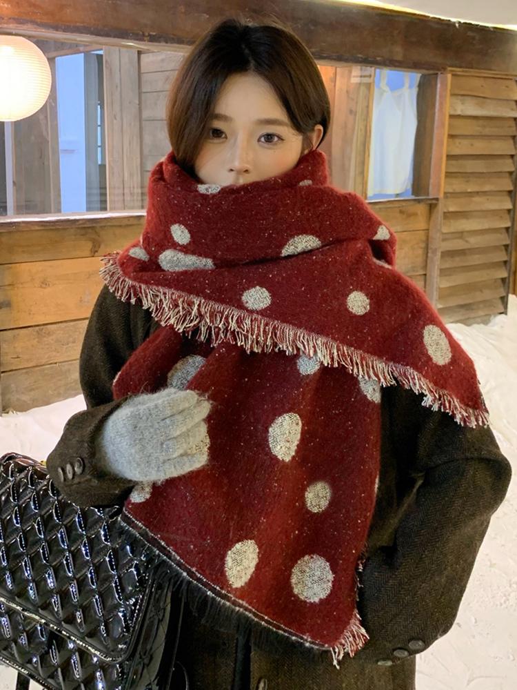 Retro Dot Print Fashion Winter Women Knitted Scarf Headscarf Casual Preppy Tassel Scarve Lady Mujer Thick Wrap Shawl Korean New