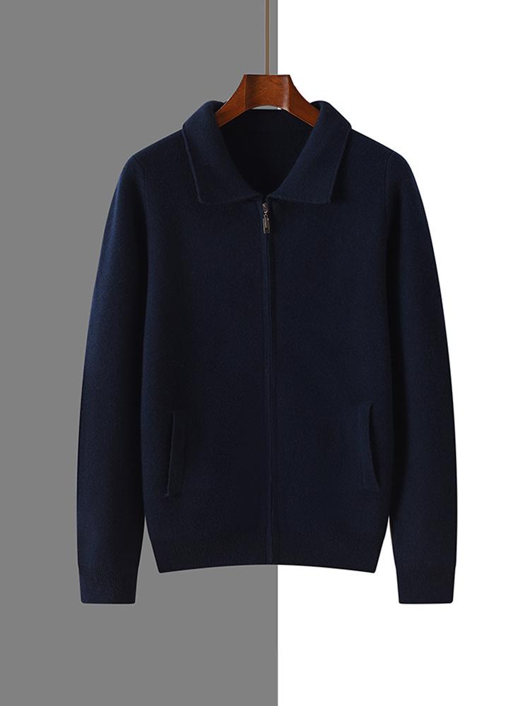 Men's 100% Pure Wool Knit Polo Collar Cardigan – Thickened, Fashionable, Zipper-Front Sweater for Business & Casual Wear.