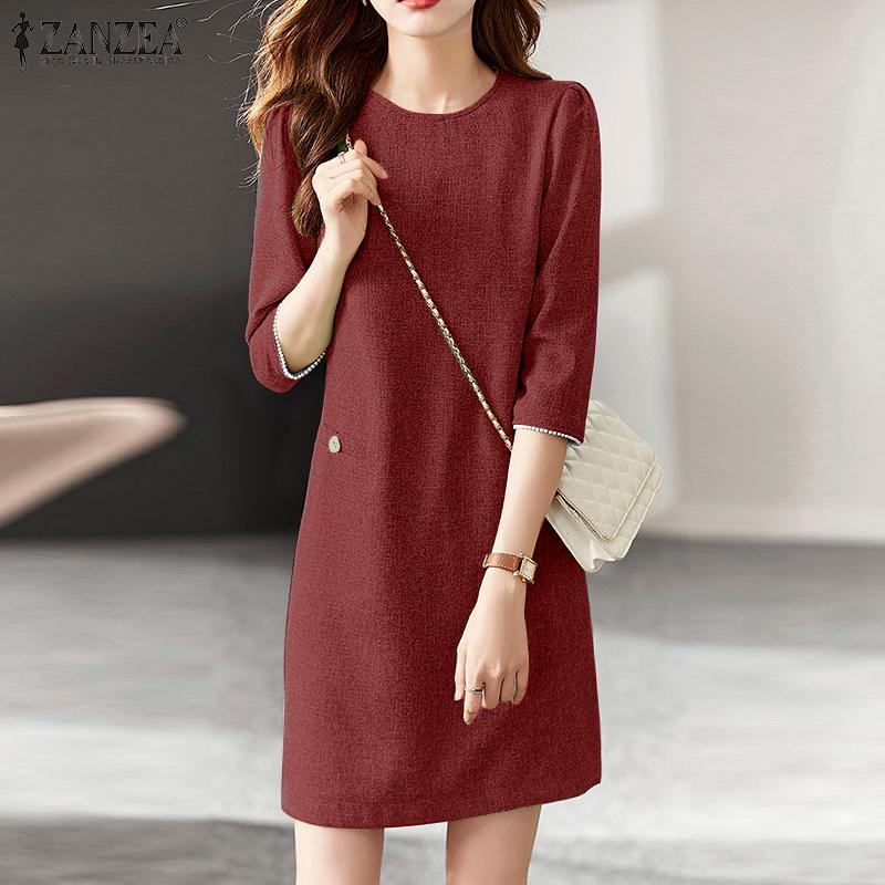 

ZANZEA Женское повседневное свободное летнее платье с круглым вырезом и рукавами 3/4