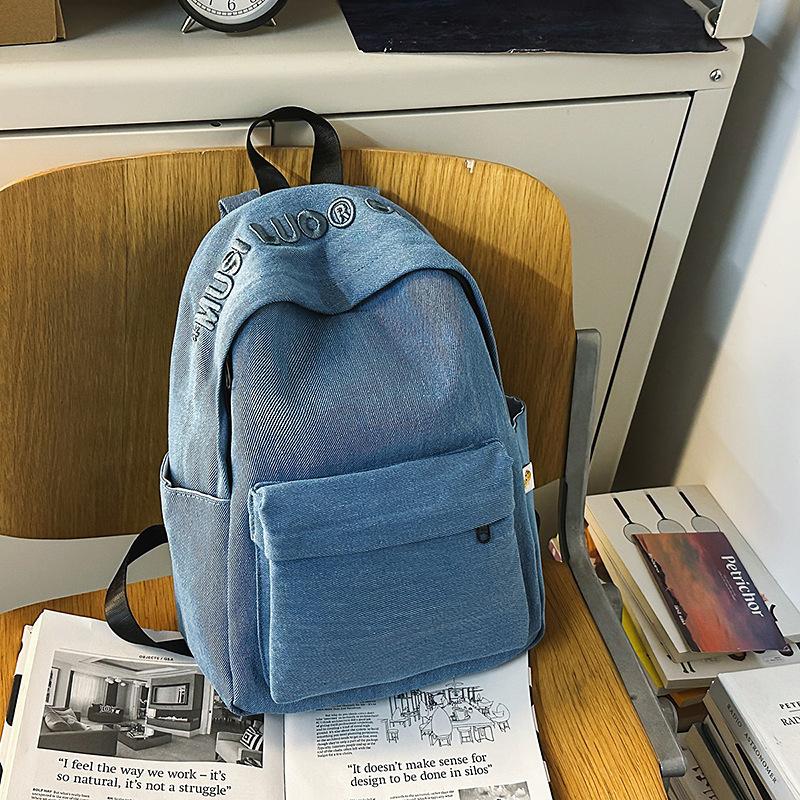 

Simple denim backpack girls literary style solid color schoolbag college student backpack computer bag