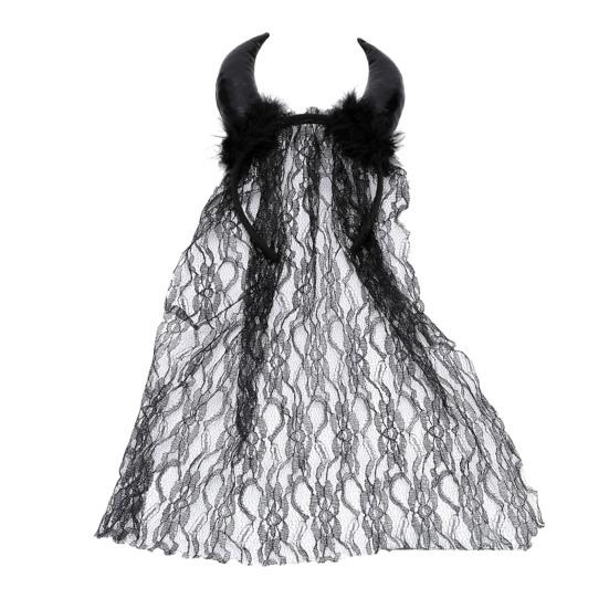 Halloween Devil Horn Hair Hoop Ox Horn Flower Veil Handmade Mesh Headband Party Cosplay Costume Accessory