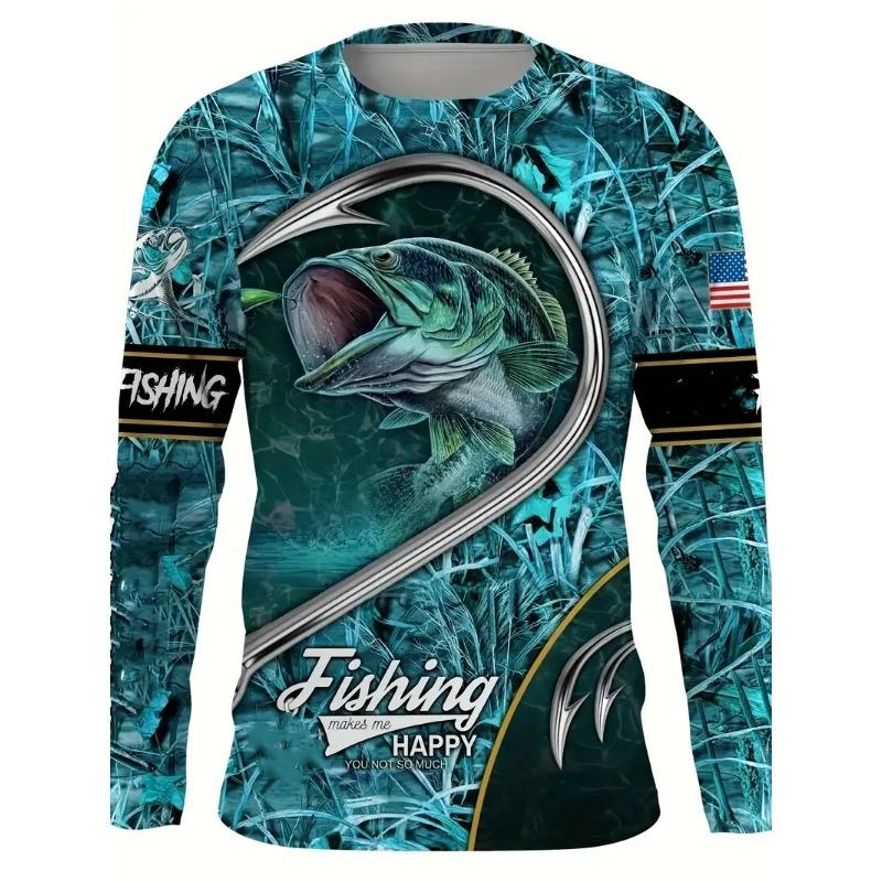 Men's Outdoor Fishing Long Sleeve T-shirts 3D Fish Print Round Neck Tshirt Summer Casual Loose Top Oversized Men Fishing Clothes
