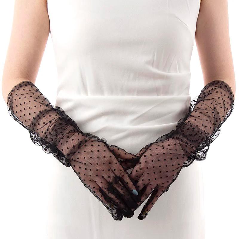 1-4Pair Fashion Women Black White Dot Lace Long Tulle Gloves Bride Wedding Stretchy Full Finger Transparent Thin Lady Mesh Glove