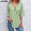 Damenmode, lässig, Sommer, Frühling, einfarbig, 1/2-Ärmel, V-Ausschnitt, Blusen und Hemden