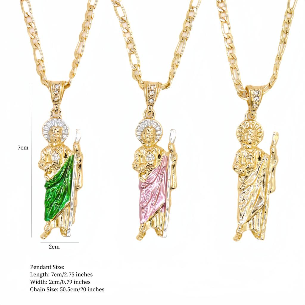 Green St. Jude Pendant Necklace - St. Judas San Judas Tadeo Figaro Chain Catholic Saint Zircon for Men Women