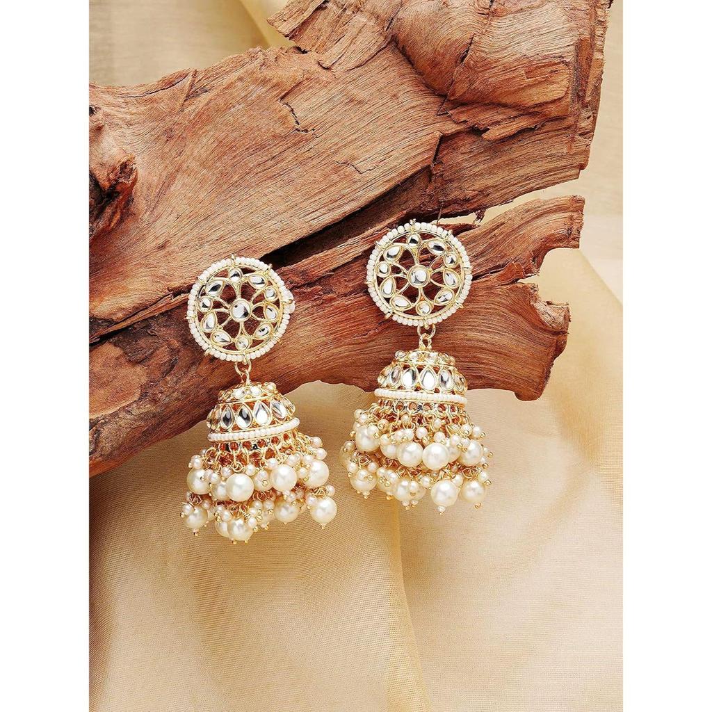 Gold Tone Traditional Kundan & Pearls Jhumki Earring For Women