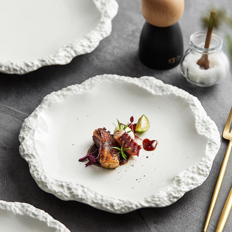 Rock Texture Ruffle Edge Ceramic Dinner Plate, Shallow 2024 New Style Tableware for Hotels