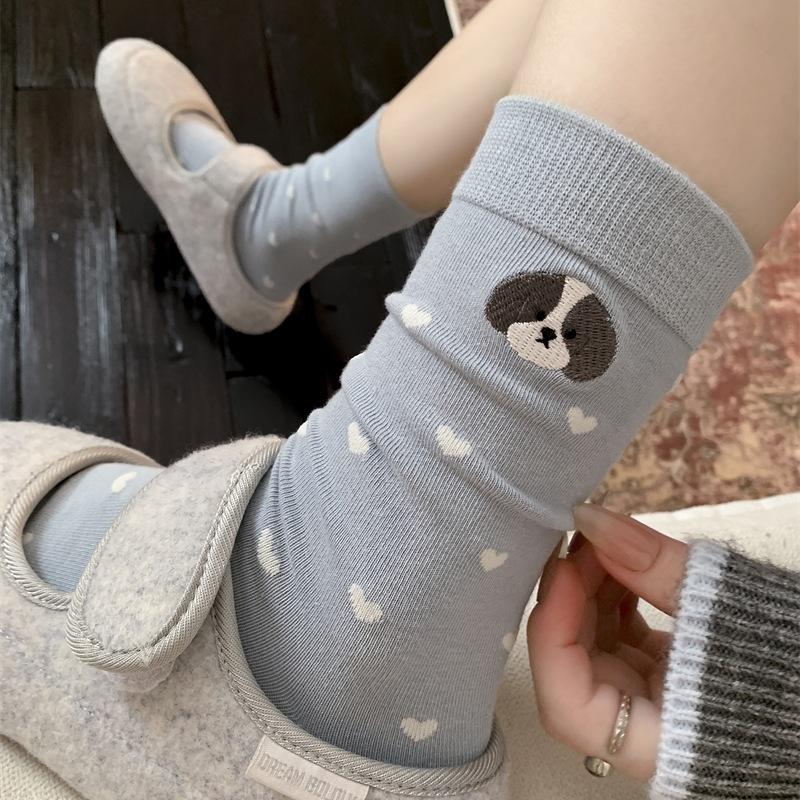 Female Spring and Autumn Assorted Cartoon Cute Dog Embroidery Boneless Drum Pile Pile Cotton Socks