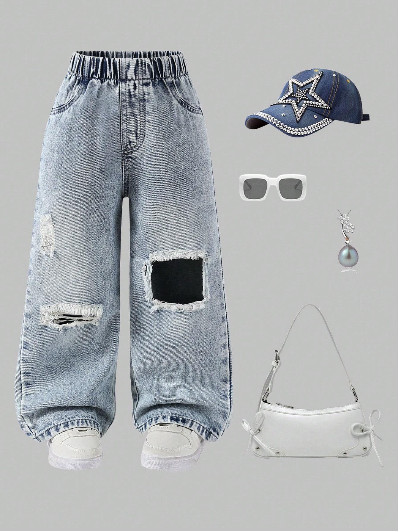 Girls  Casual & Trendy Denim Jeans (Single Item) — Simple, Versatile, and Flattering; Features Distressed Rips and a Vintage  Snow-Wash  Finish 4Y светло-синий