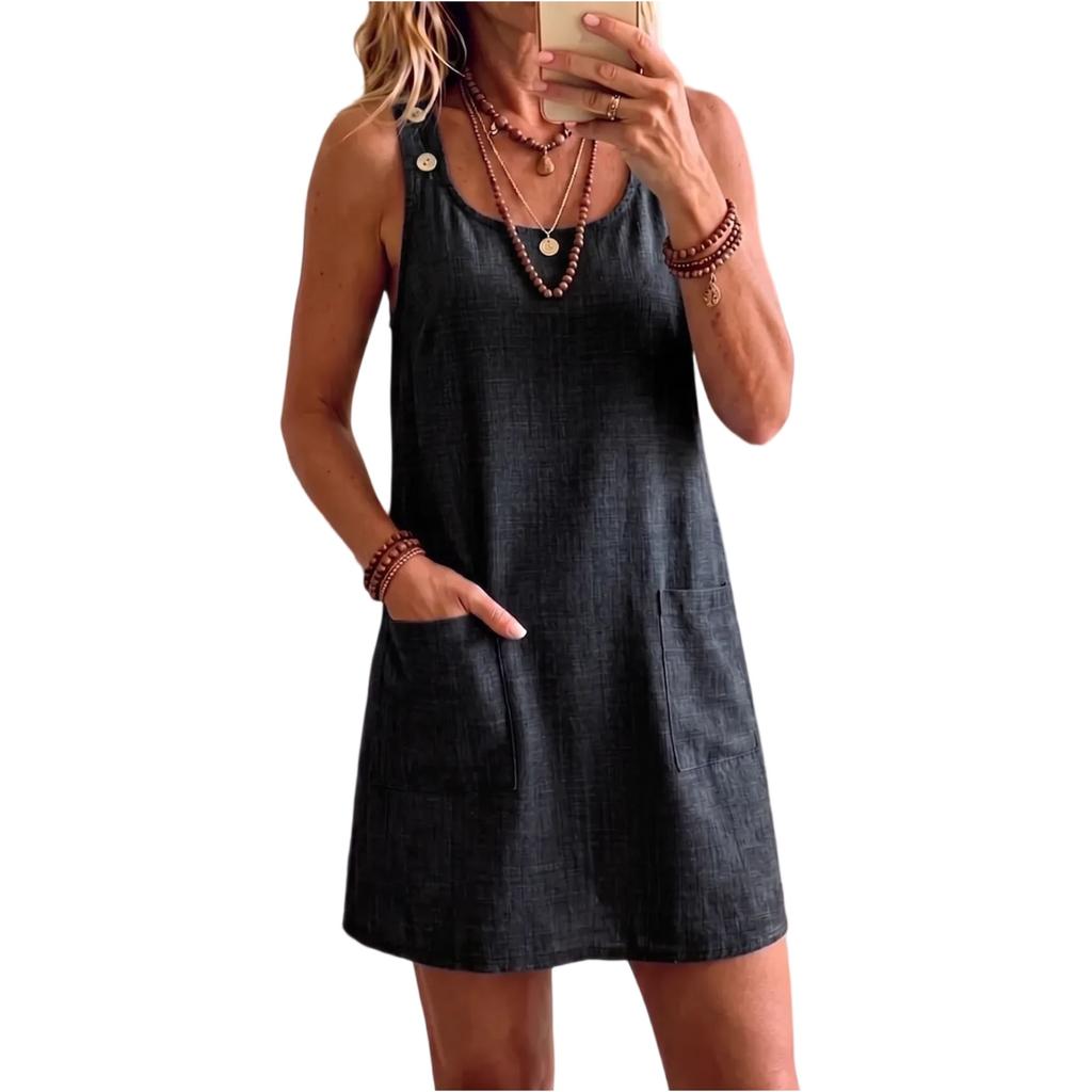 Women Sleeveless Crew Neck Casual Tank Dress with Front Pockets and Button Detail Solid Color Relaxed Fit Vest Dress