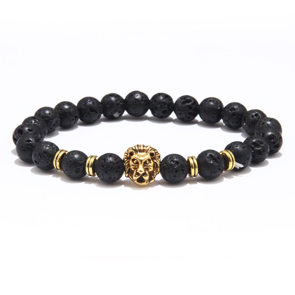 European & American Lava Stone Tiger's Eye Bracelet with Golden Lion Head for Men