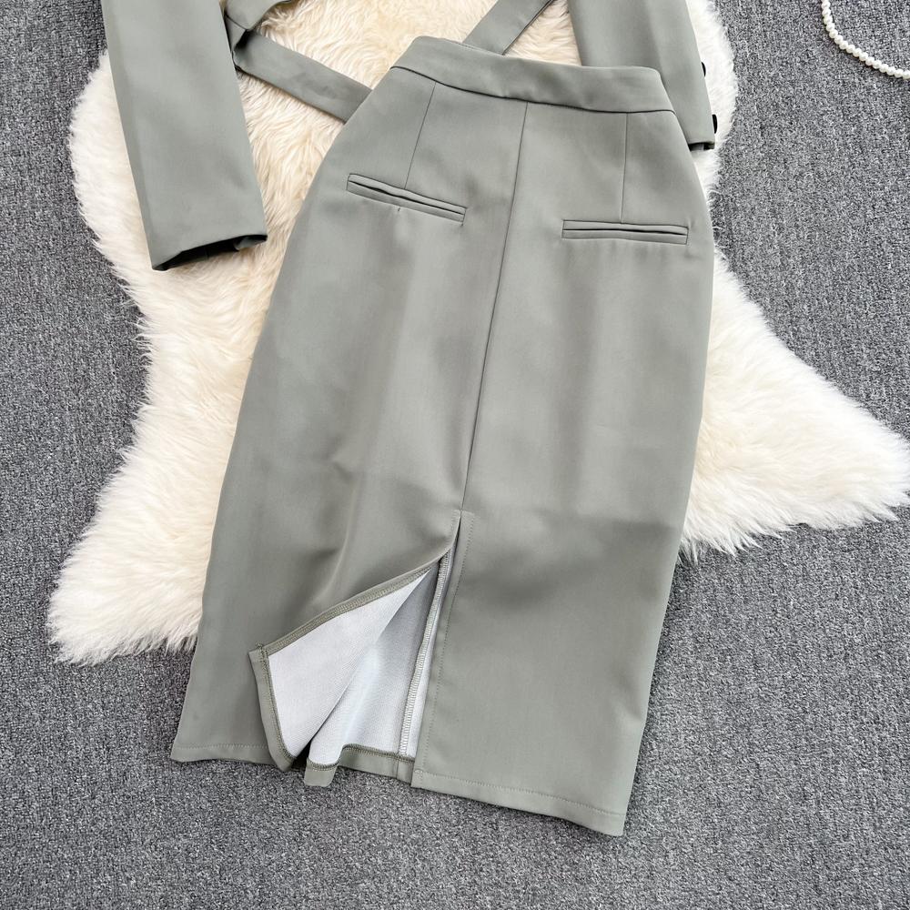 Women's Autumn Suit Collar High Waist Short Lace-Up Coat Two Piece High Waist Mid Length Split Skirt