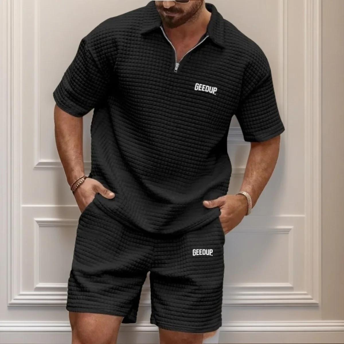 New men s casual, fashionable and comfortable waffle checkered letter lapel sportswear set, spring and summer two-piece set S