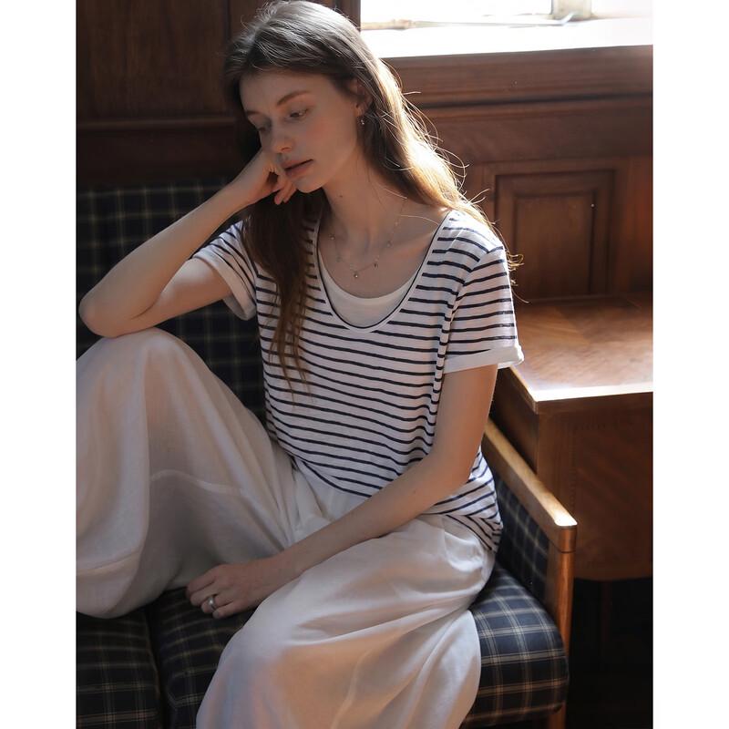 Demana Lyocell Blend Striped Fake Two-Piece T-Shirt L