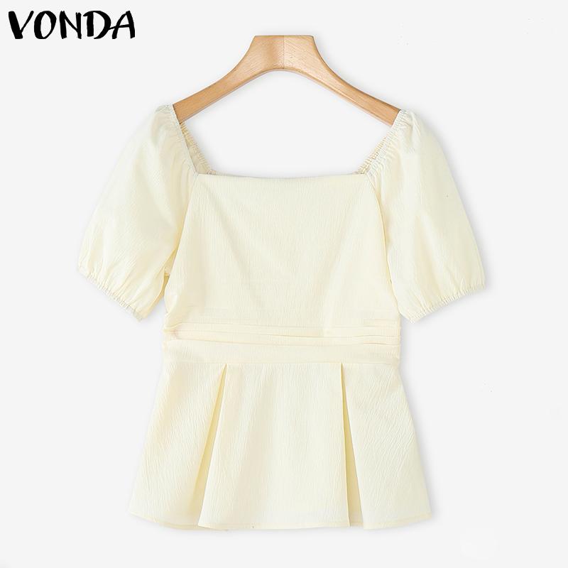 VONDA Women Square Collar Puff Sleeve Ruffled Casual Rumple Blouse