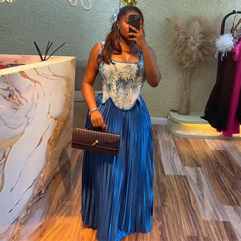 2026 Summer New Sweet and Fresh Printed Waist Vest High Waist Half Pleated Skirt Two-piece Set
