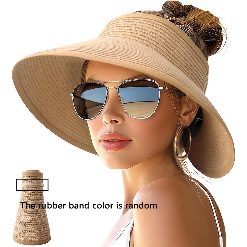 Summer Women Wide Brim Sun Hat, Roll-Up Foldable Beach Ponytail Hat, Seaside Travel Straw Hat, UV Protection Outdoor Visor Cap