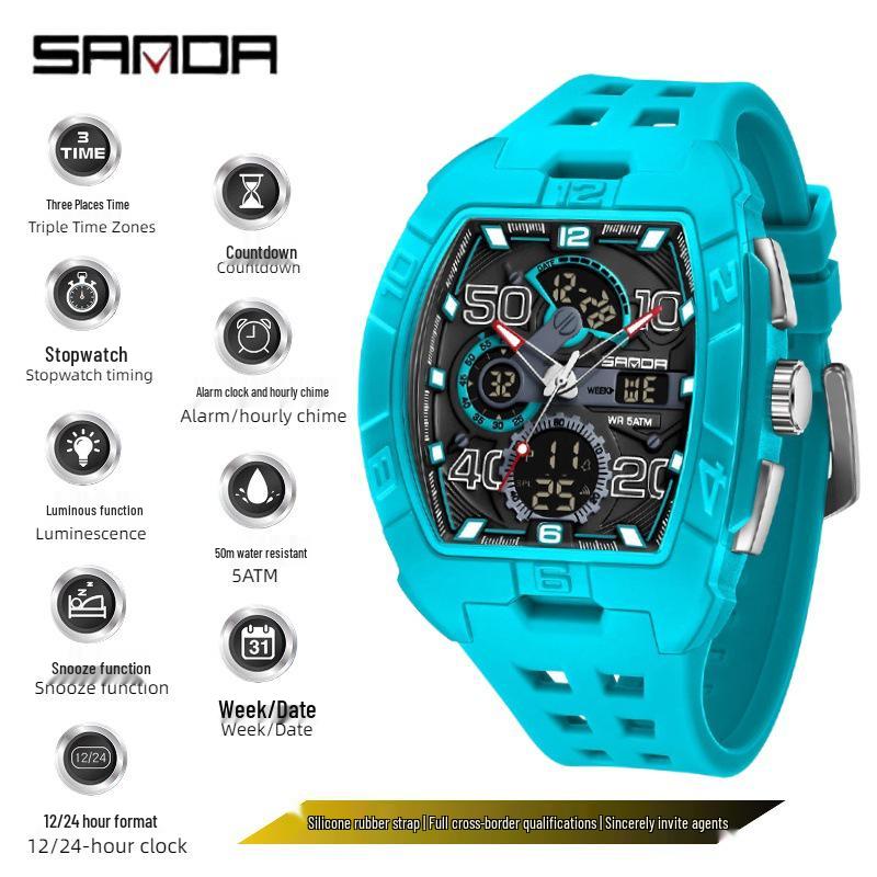 Sanda Men's Sports Barrel-Shaped Luminous Countdown Watch with Triple Time Zone and Dual Display, Waterproof Design.