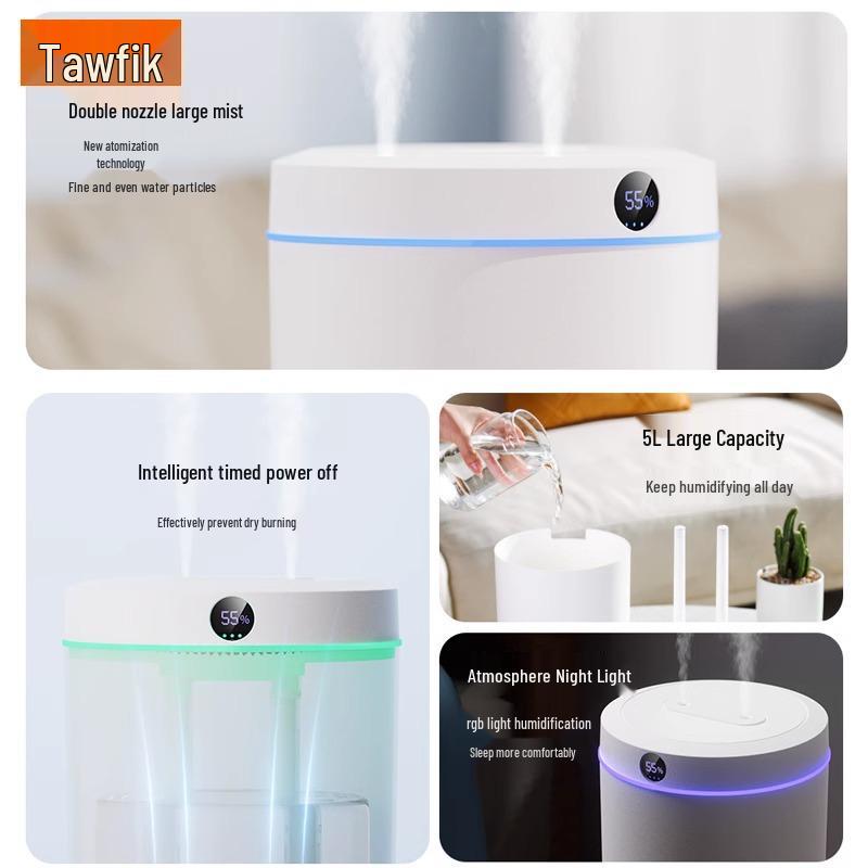 Umidificator 5L cu Pulverizare Duală cu USB, Funcționare Silențioasă, Lumină de Noapte și Afișaj Digital pentru Casă, Dormitor și Birou