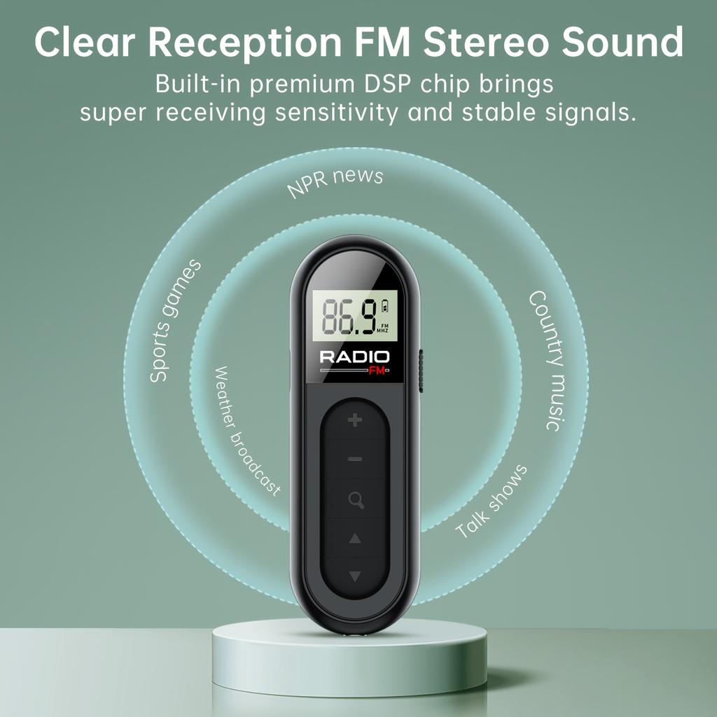 Mini Rechargeable Portable FM Radio Clip - Compact Design, Long Battery Life, Earphones Included