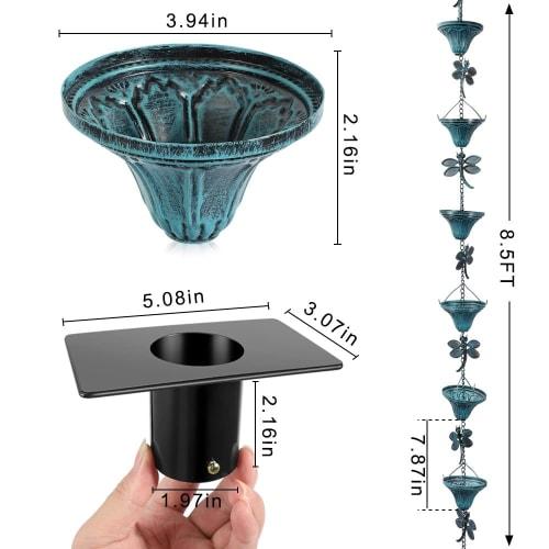Vindar 2.6m Dragonfly Iron Retro Rain Chain for Gutters, Antique Sky Blue, 10 Flower Cups, 10 Dragonfly Decorative Rain Chain