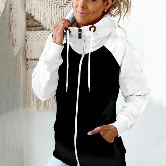 Felpa con cappuccio invernale da donna con cerniera, in pile, con colori a contrasto, patchwork, calda protezione per il collo, casual, morbida, autunnale, abbigliamento femminile