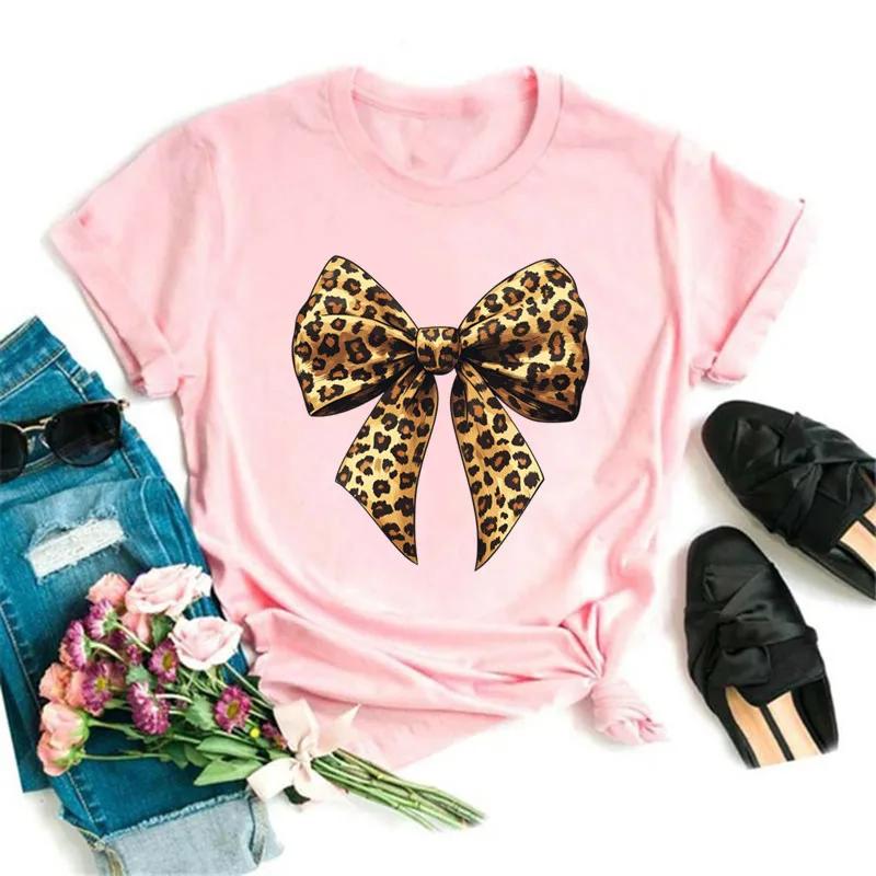 Fashion Women Tshirt Y2k Leopard Print Bow Tops Summer Short Sleeve Graphic T Shirts FeUnisex Clothing