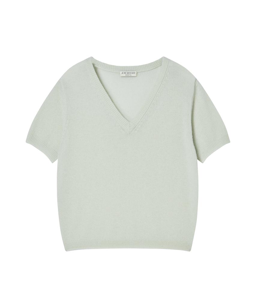 JE NE SAIS QUOI Sheer Cashmere Blended V-Neck Short Sleeve Knit_Mint