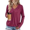 Women's V-neck Pleated Solid Color Casual Long-sleeved Loose T-shirt Top