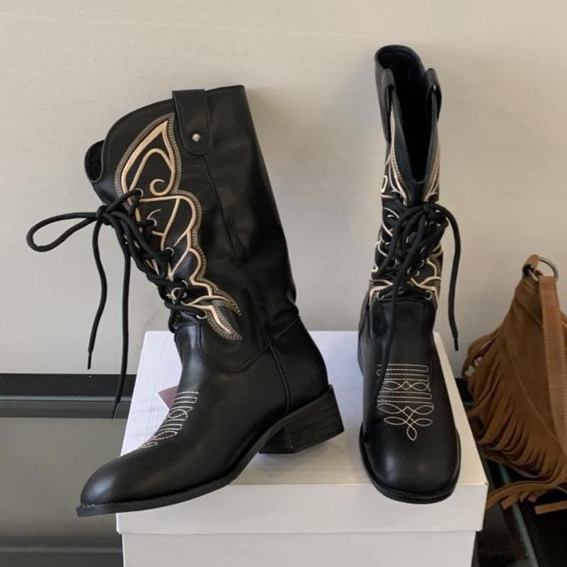 Fashion Retro Butterfly Embroidery Wedges Ankle Boots Women Fashion Rivet Sewing Lace Up Mid Calf Boots Luxury Cozy Brand Designer Boots