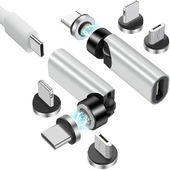 360°&180° Rotation Magnetic USB C Adapter 3 in 1 USB C Magnetic Adapter 3A Fast Charging QC3.0 480Mbps Data Transfer, Silver