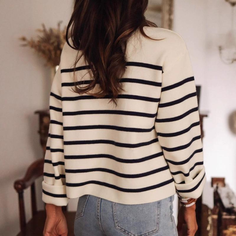 New Autumn and Winter Black and White Striped Button Knitted Cardigan Casual Long-sleeved Sweater for Women