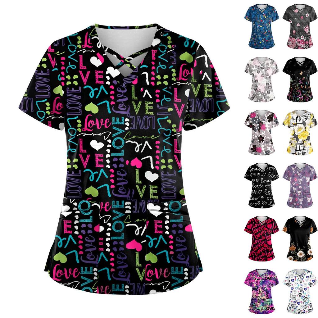 Plus SizePrinted Scrub Working Uniform Tops para mulheres Cross V-neck Halloween Print manga curta camisetas divertidas Workwear Tee com bolsos