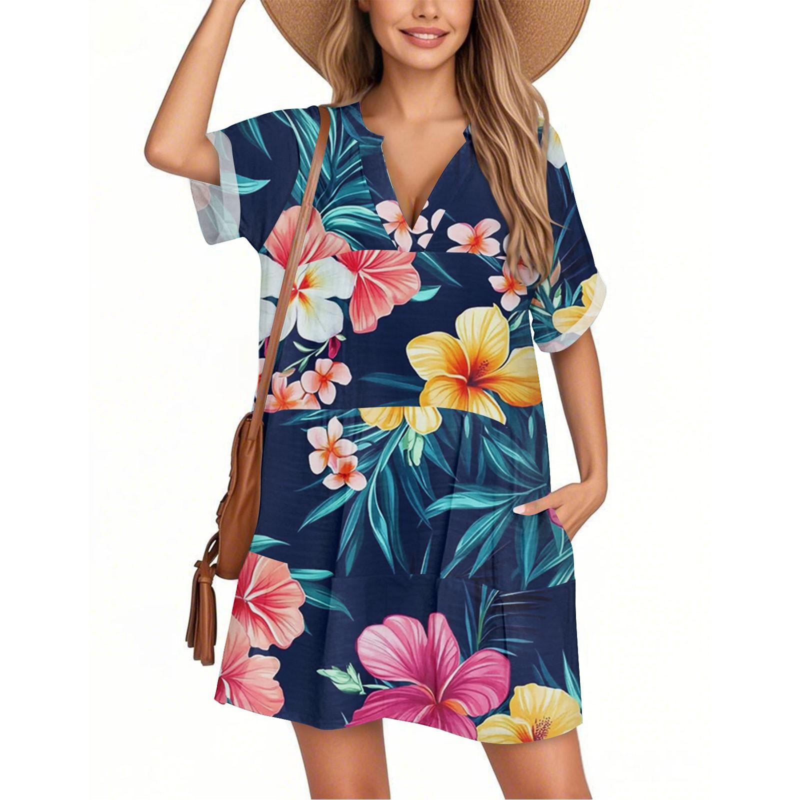 

Женское модное платье-футболка с коротким рукавом и V-образным вырезом в гавайском стиле, повседневное пляжное платье для отдыха XL
