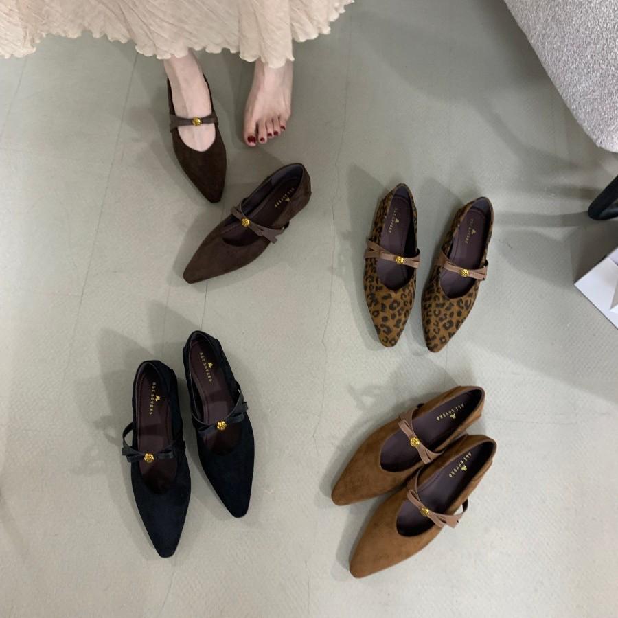 2025 autumn new thick heel pointed head light mouth leopard print single shoes women's one-word buckle suede Mary Jane evening shoes