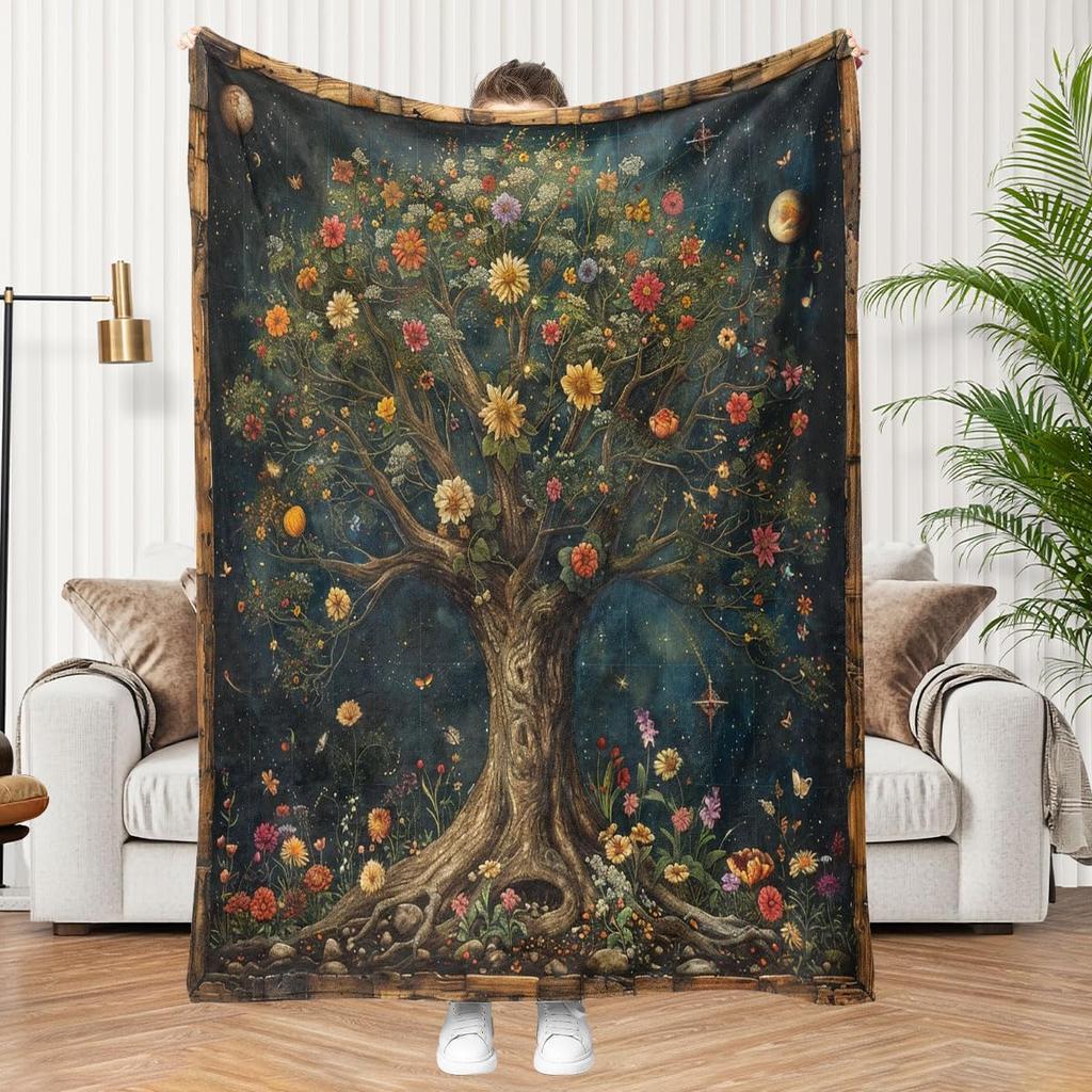 Blumenbaum-Decke magisches Naturdesign Vintage-Kunstmuster weicher Überwurf Boho-Dekor Schlafzimmertextil mystisches Accessoire