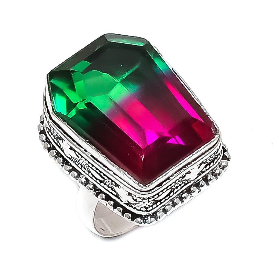 Natural Bi-Color Tourmaline 925 Sterling Silver Jewelry Ring Size 8.5 ETC-14857