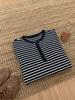 Blue & White Striped Waffle Knit Crew Neck Long Sleeve T-Shirt - Breathable & Comfortable Casual Top