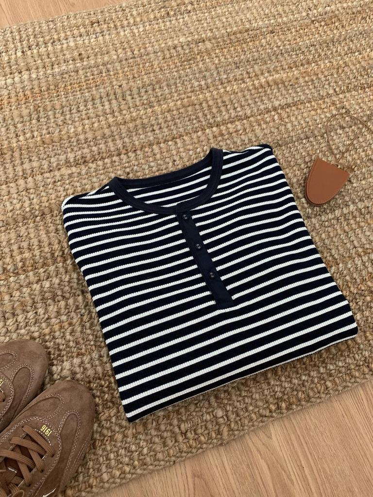 Blue & White Striped Waffle Knit Crew Neck Long Sleeve T-Shirt - Breathable & Comfortable Casual Top
