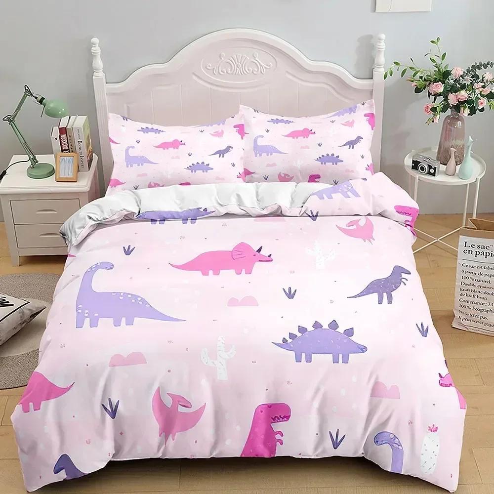 Cartoon Dinosaur Bedding Set Full King Queen Size,Cute Animal World Duvet Cover Orange Yellow Polyester Comforter Quilt Cover