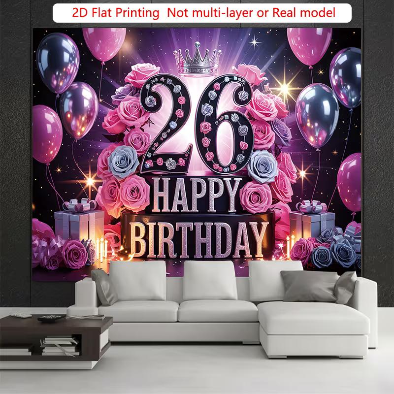 2D Sparkly Pink Black 26th Birthday Backdrop Floral Balloon Photography Background
