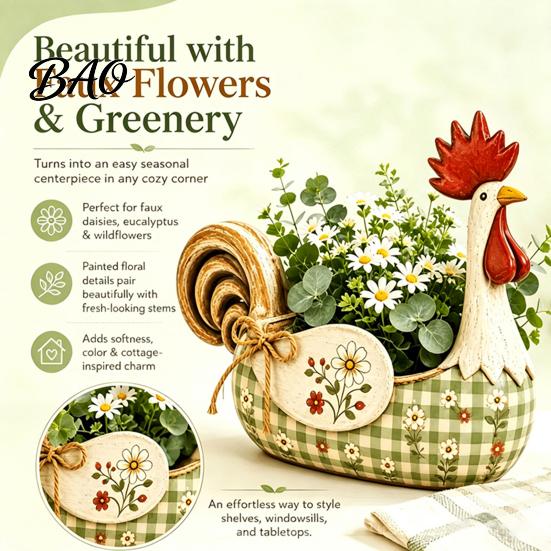 Floral Pattern Kitchen Organizer Vintage Farmhouse Rooster Utensil Holder, Resin Chicken Counter Organizer, Rustic Country Container Cooking