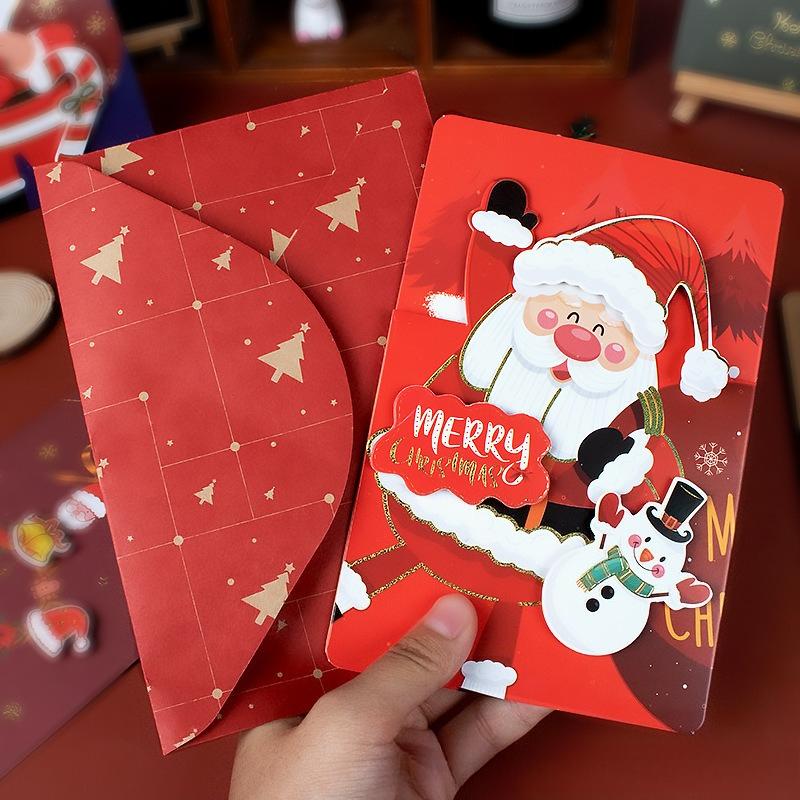 Cartoon Christmas Greeting Card Set Santa Claus Snowman Blessing Postcard for New Year Holiday Party Decoration