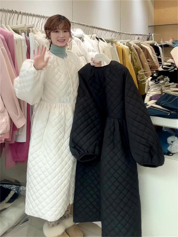 Women's Winter Retro Long Diamond Pattern Cotton Padded Jacket Coat