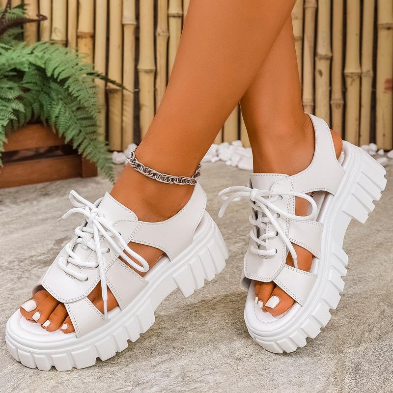 

Fashion 2025 Brand Ladies Shoes Lace-up Women s Sandals Fashion Open Toe Casual Summer Hollow Out Plus Size Concise Platform Sandals 43 белый