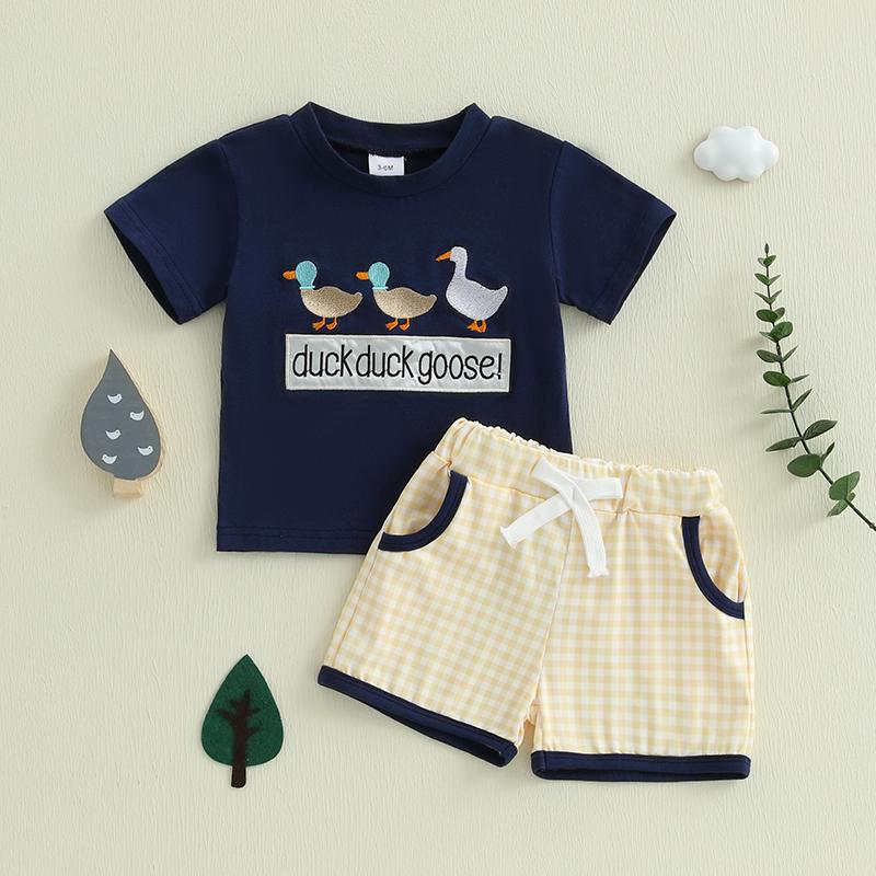 

Toddler Boys Summer Outfits Letter Duck Embroidery Round Neck Short Sleeve T-Shirts Plaid Elastic Waist Shorts 2Pcs Clothes Set 3-6M