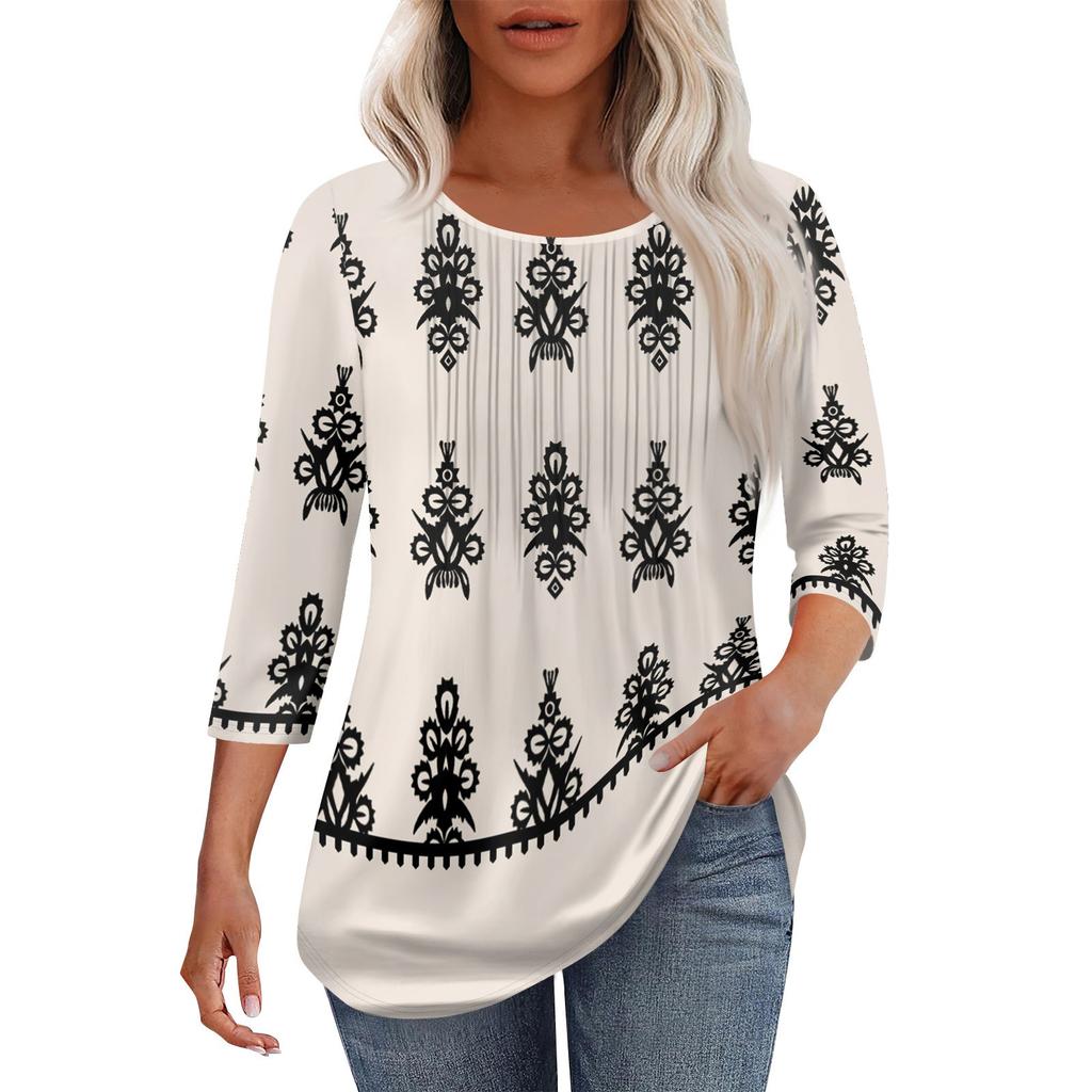 Women's Fashionable Casual Pleated Round Neck Casual Floral Print Seven Quarter Sleeved T-shirt Top