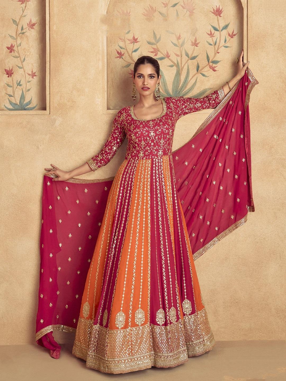 Pink & Orange Embroidered Anarkali Gown Set for Women | Indian Wedding Party Wear Dress with Dupatta | Designer Ethnic Floor Length Suit L розовый