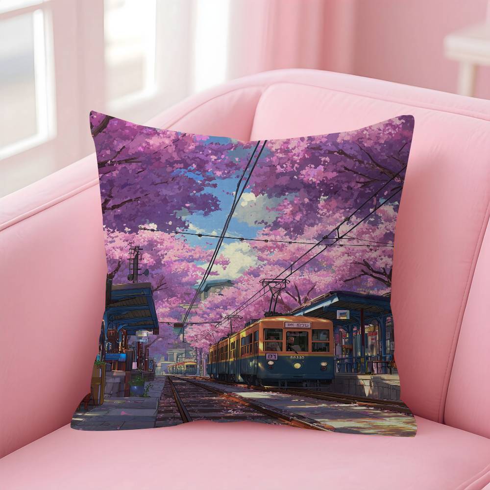 Japanese Street Train Scenery Sakura Cushion Cover Pillow Cover Decor Pillowcase Printed Cushion Case For Couch